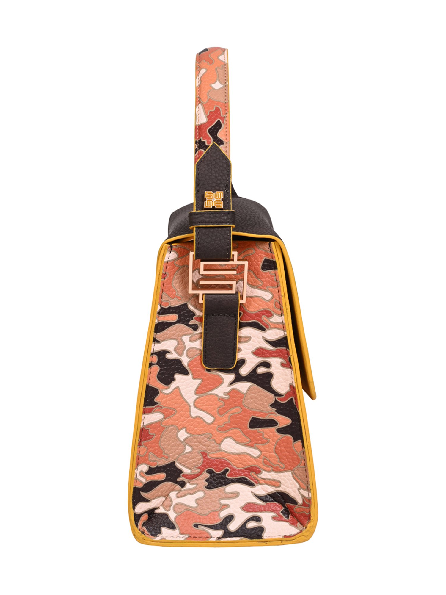 Eume Espresso Mustard Camo Vegan Leather Satchel Handbag