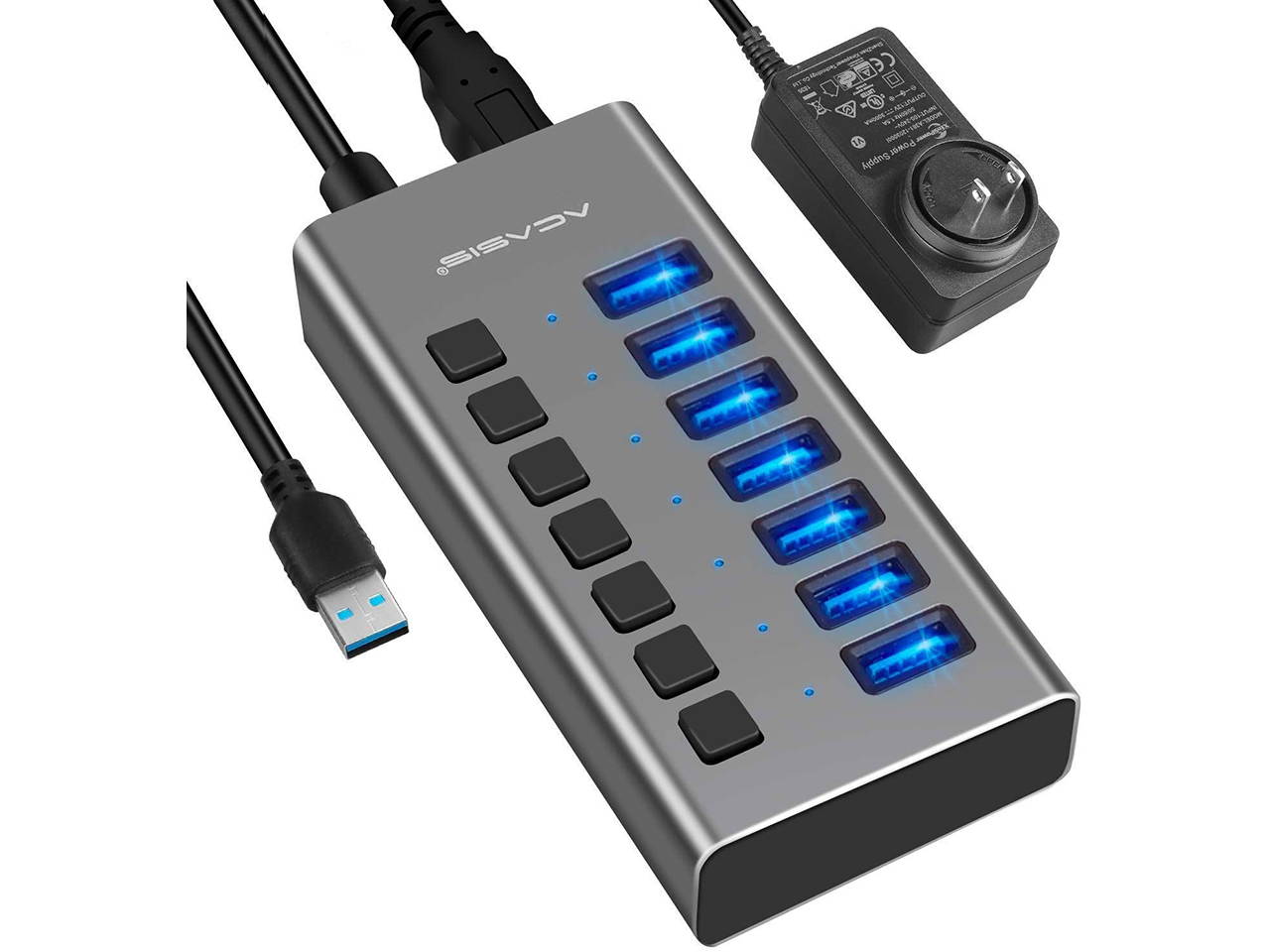 Powered USB Hub, Aluminum 7 Port USB 3.0 Hub  36W USB Splitter with Individual Power On/Off Switches and 12V 3A Power Adapter Support Charing for Laptop, PC, Computer, Mobile HDD, Flash Drive and More