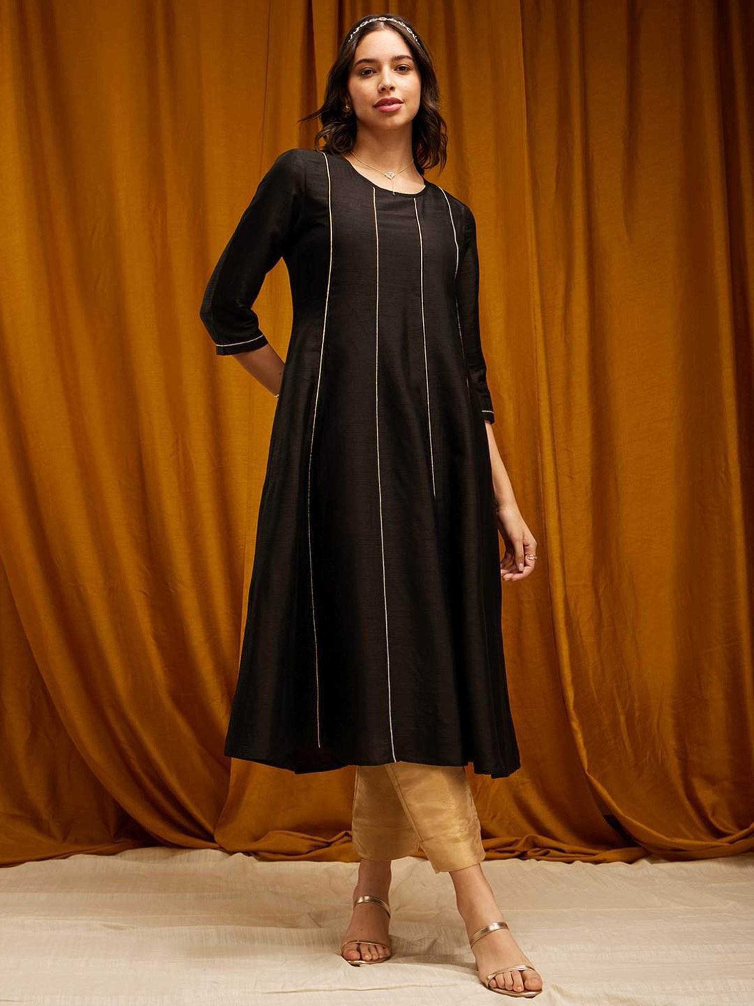 Pink Fort Black Striped Anarkali Kurta