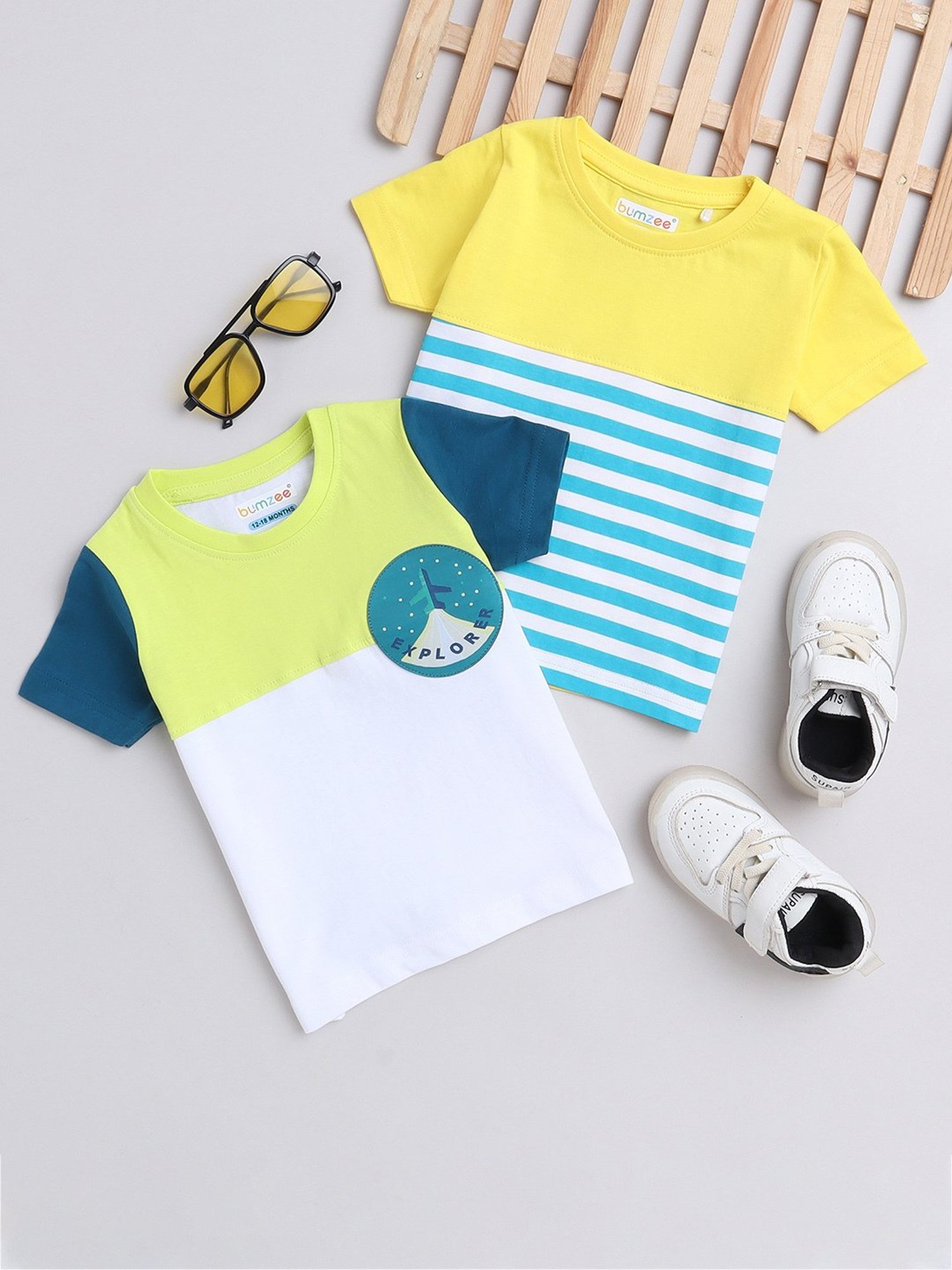 Bumzee Kids White & Yellow Striped T-Shirt (Pack Of 2)