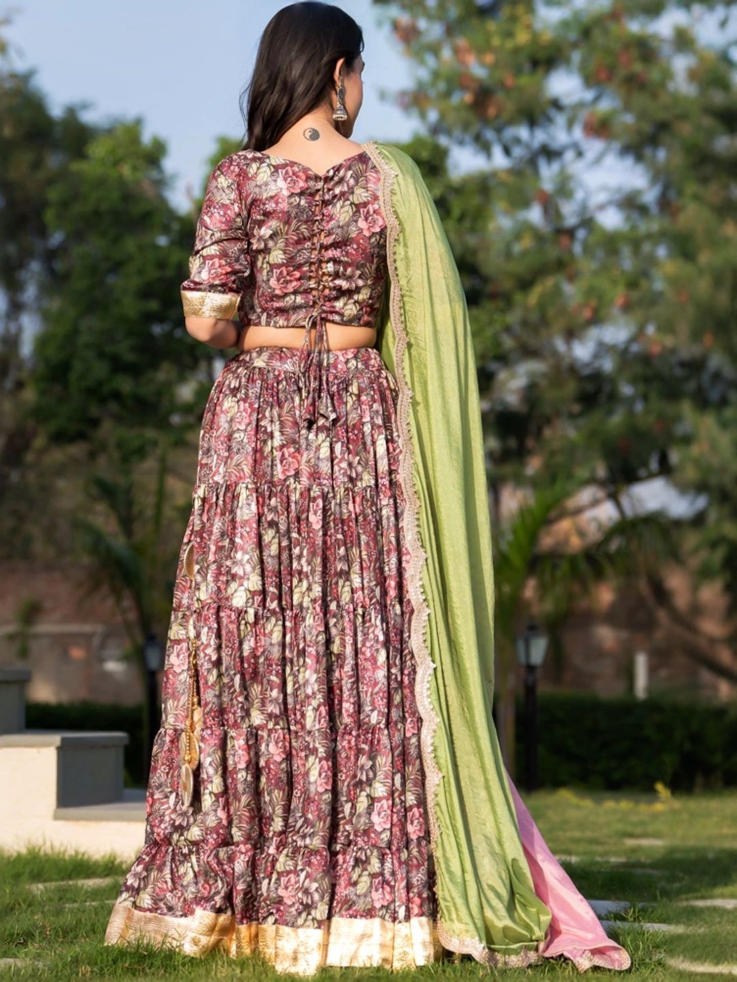 HOUSE OF JAMOTI Maroon Embellished Lehenga Choli Set With Dupatta