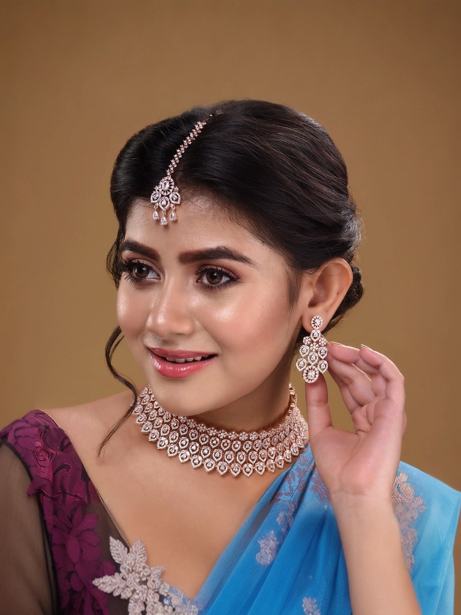 Saraf RS Jewellery Rose Gold Plated White AD Choker with mang Tika jewellery Set