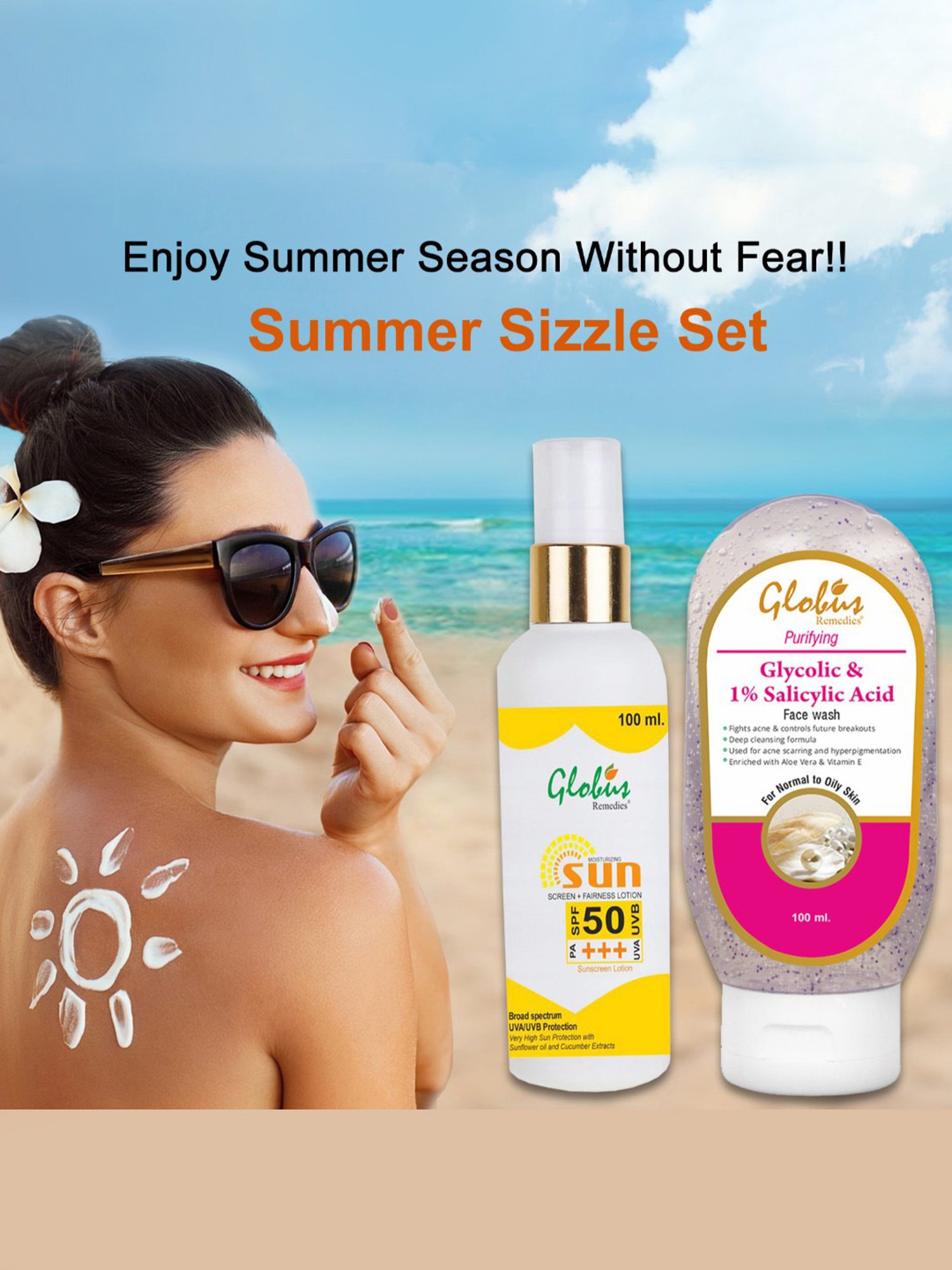 Globus Remedies Sunscreen Fairness Lotion SPF 50+++ & Glycolic & 1% Salicylic Acid Face Wash Combo