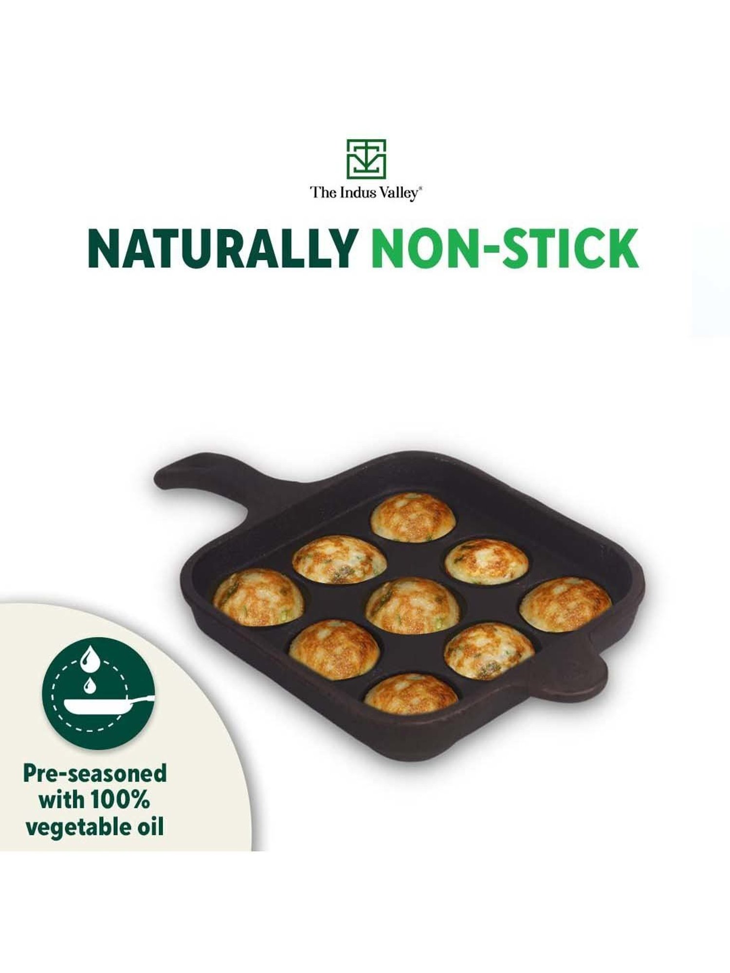 The Indus Valley Black Cast Iron 18.03 cm Paddu Pan With Long Handle