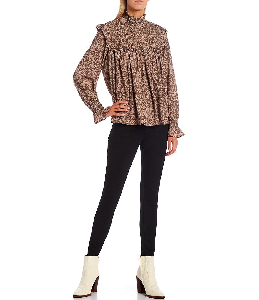 French Connection Erika Leopard Print Drape Long Sleeve Smocked Yoke Top