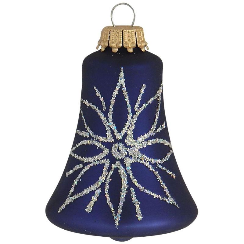 Christmas by Krebs 4ct Navy Blue Matte Glass Christmas Bell Ornaments with Silver Starburst 3" (76mm)