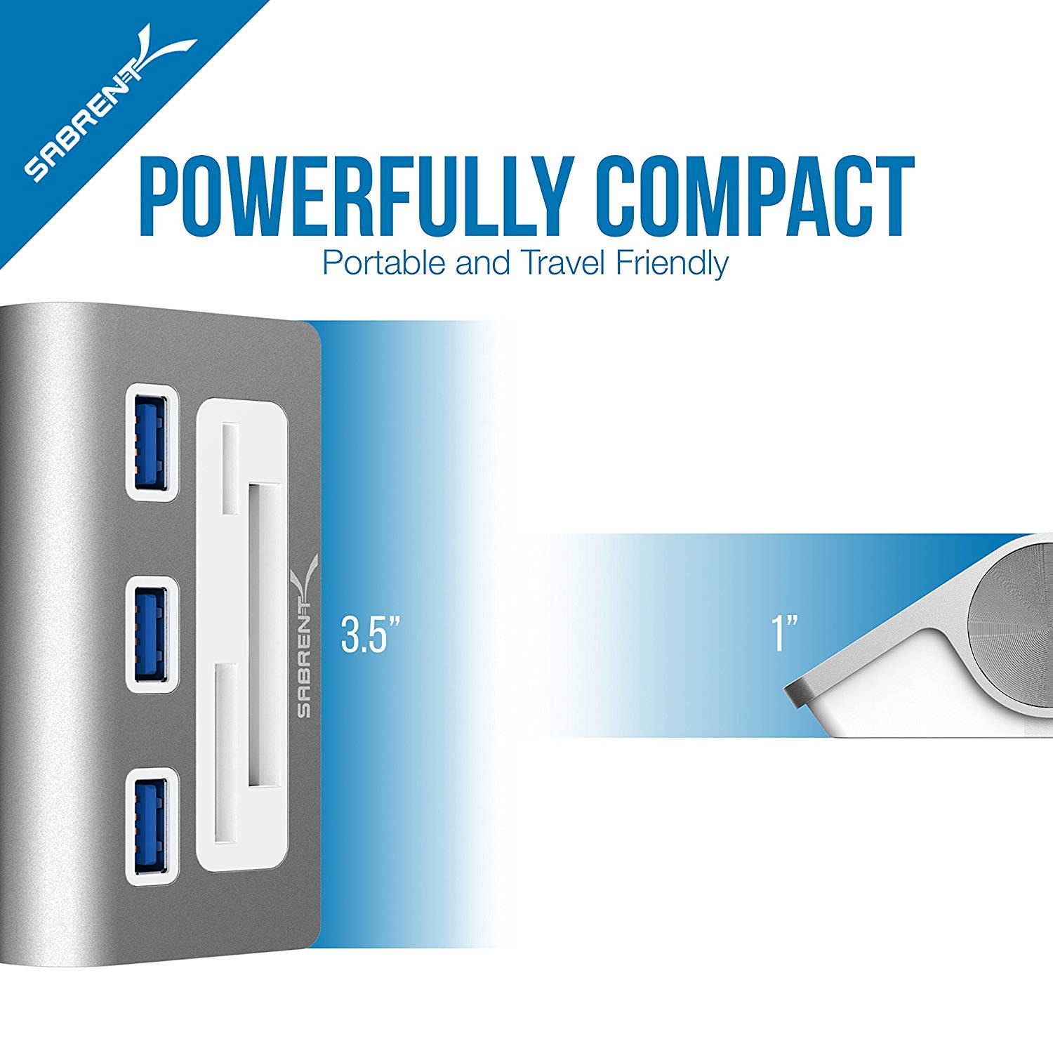 Aluminum USB 3.0 Hub, USB 3.0 HUB with Card Reader, Multi-Function 3 Port Aluminum USB 3.0 Hub with Multi-In-1 Card Reader (12" cable) for All