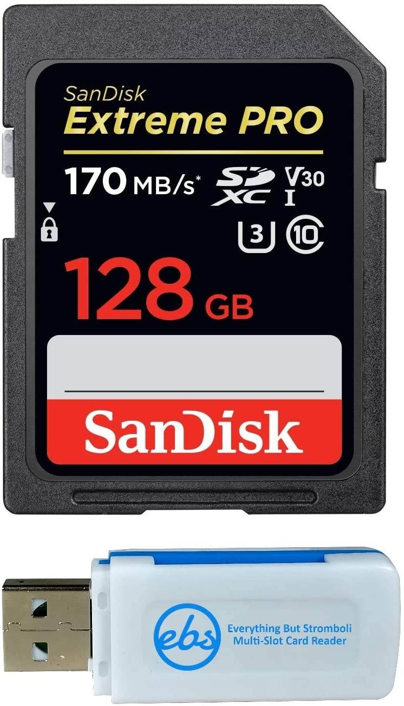 SanDisk 128GB SDXC SD Extreme Pro Memory Card Bundle Works with Sony Alpha a6400 Mirrorless Camera (ILCE-6400/B) 4K V30 U3 (SDSDXXY-128G-GN4IN) Plus (1) Everything But Stromboli (TM) Combo Card Reader