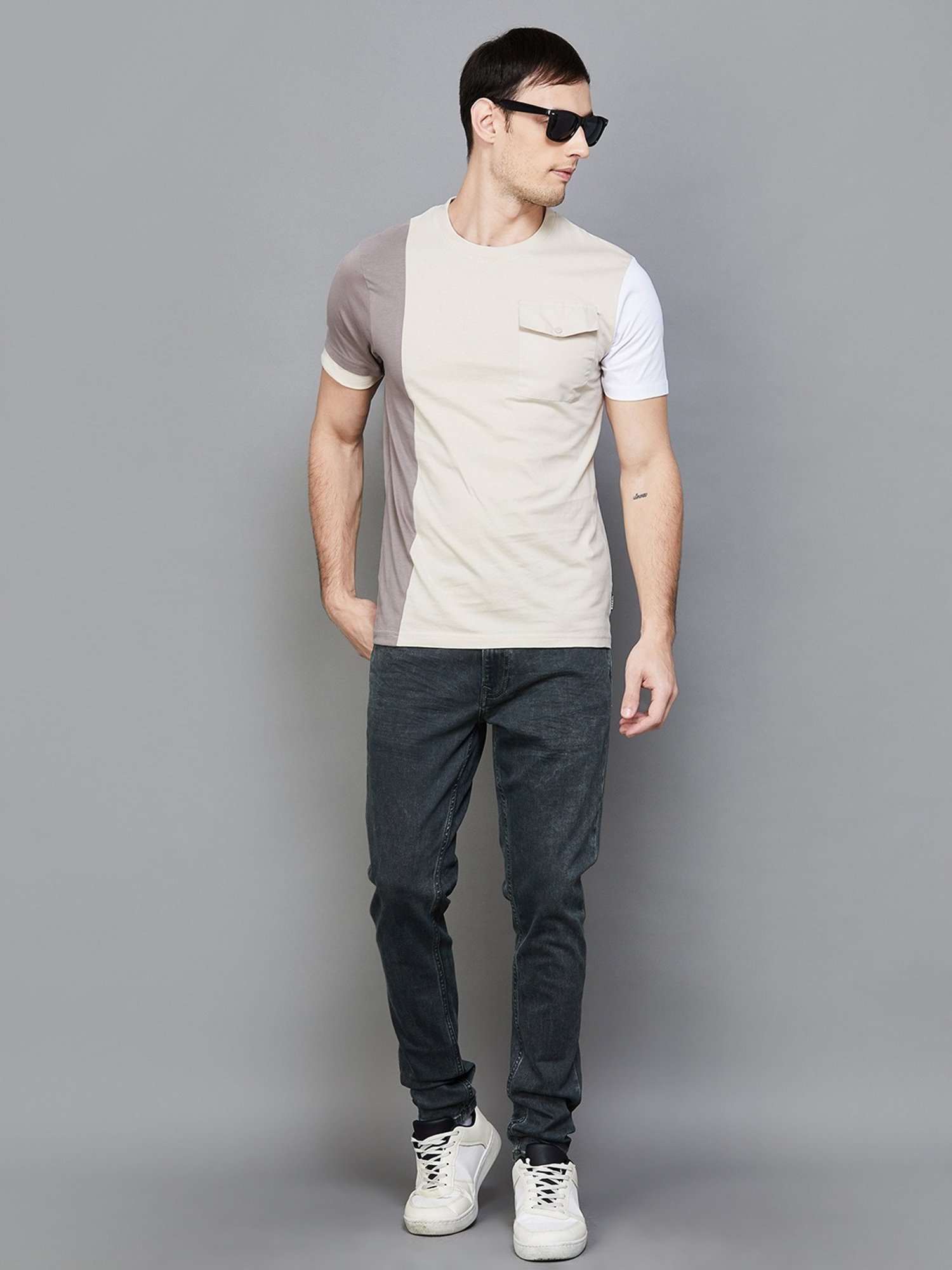 BOSSINI Beige Cotton Regular Fit Colour Block T-Shirt