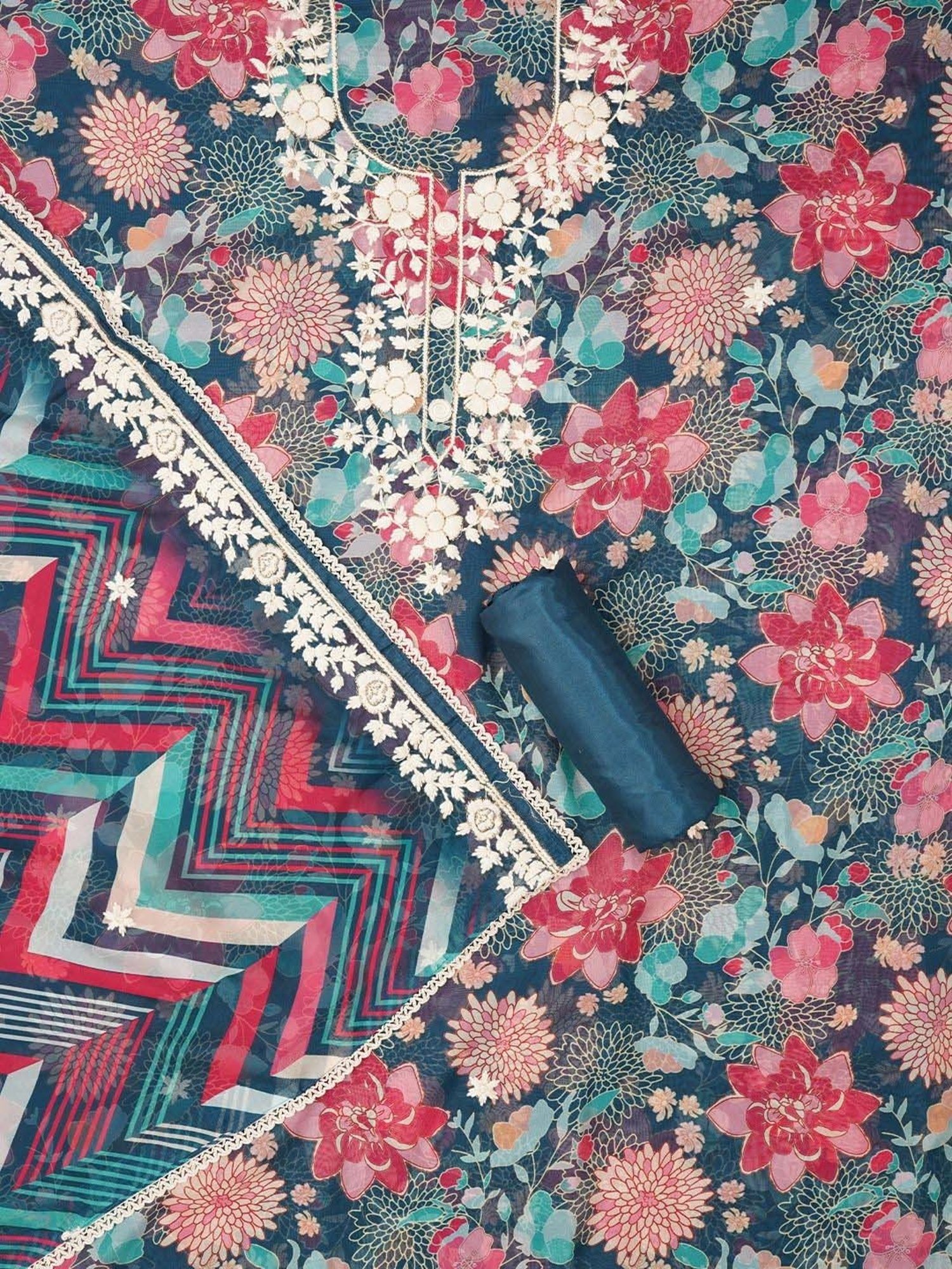 Jaipur Kurti Teal Blue Embroidered Unstitched Dress Material