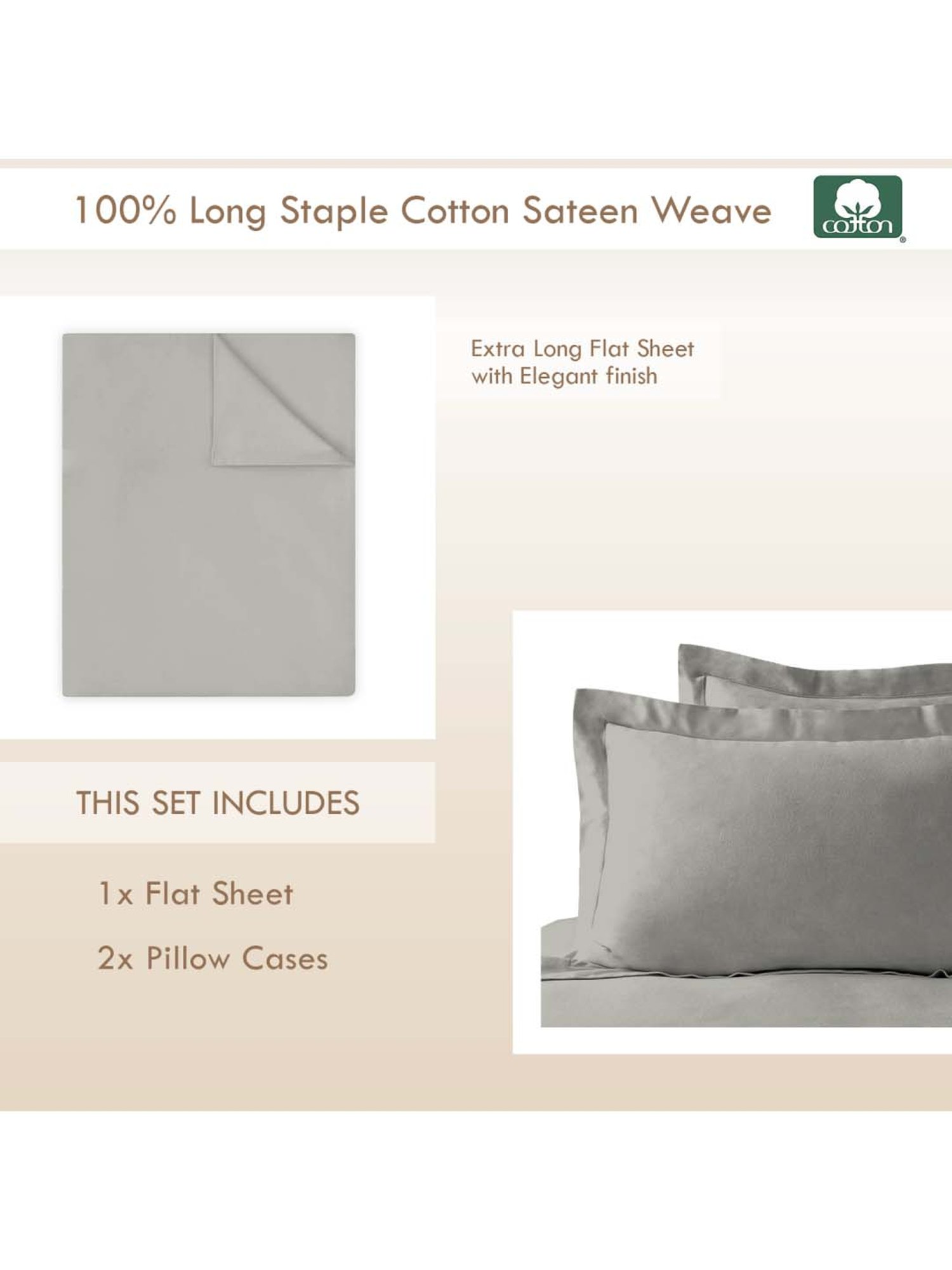 Pizuna 400TC 100% Cotton Silver Flat Bed Sheet Queen Size With 2 Pillow Cover