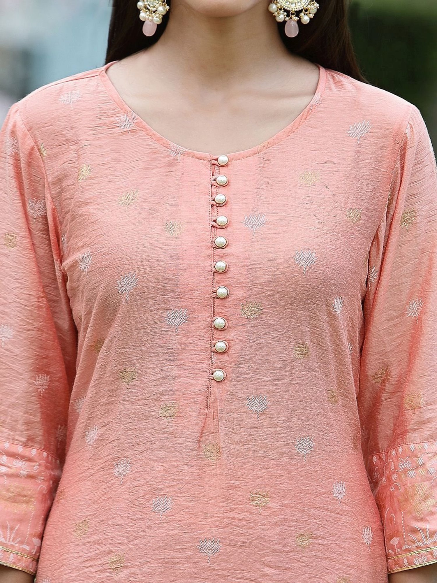 Juniper Peach Ethnic Motif Printed Viscose Muslin Kurta Sharara & Net Dupatta Set