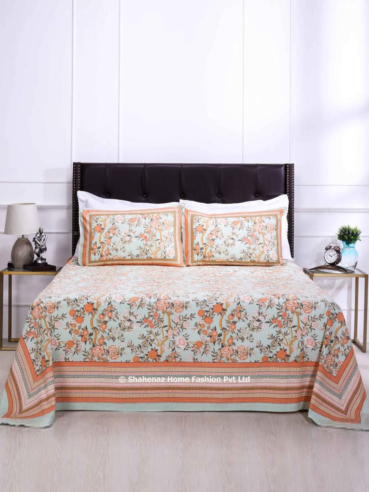 Shahenaz Green & Orange 120 TC Cotton Rama Kashvi Single Bedsheet with 1 Pillow Cover