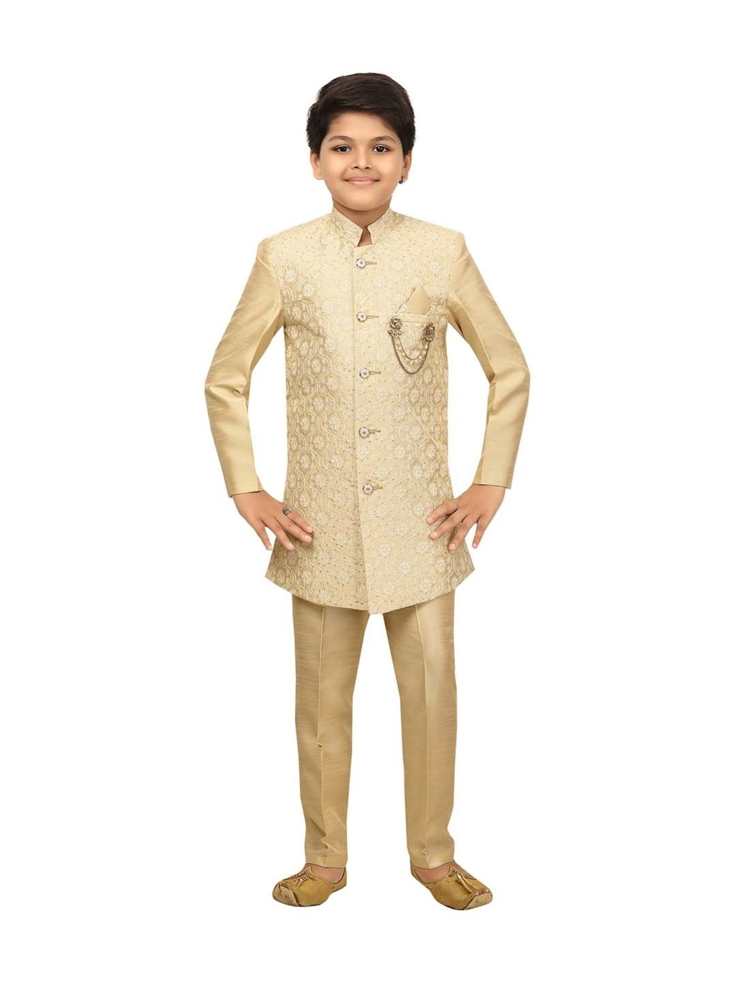 Ahhaaaa Kids Cream Embroidered Sherwani Set