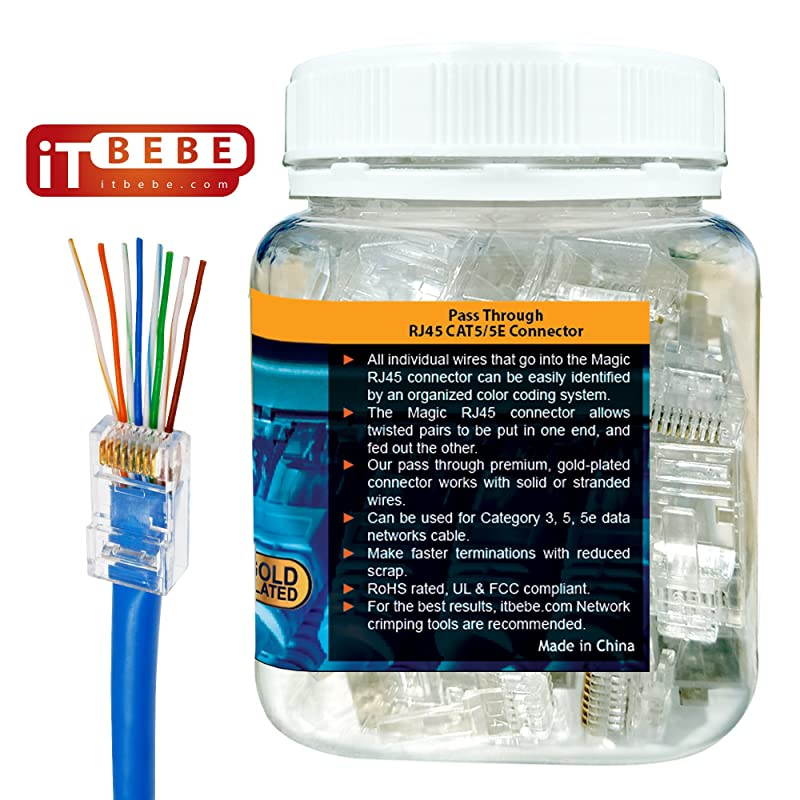 Gold Plated RJ45 cat5 cat5e 8P8C 50 pieces Pass Through 3 Micron 3u 3 Prong premium Connectors