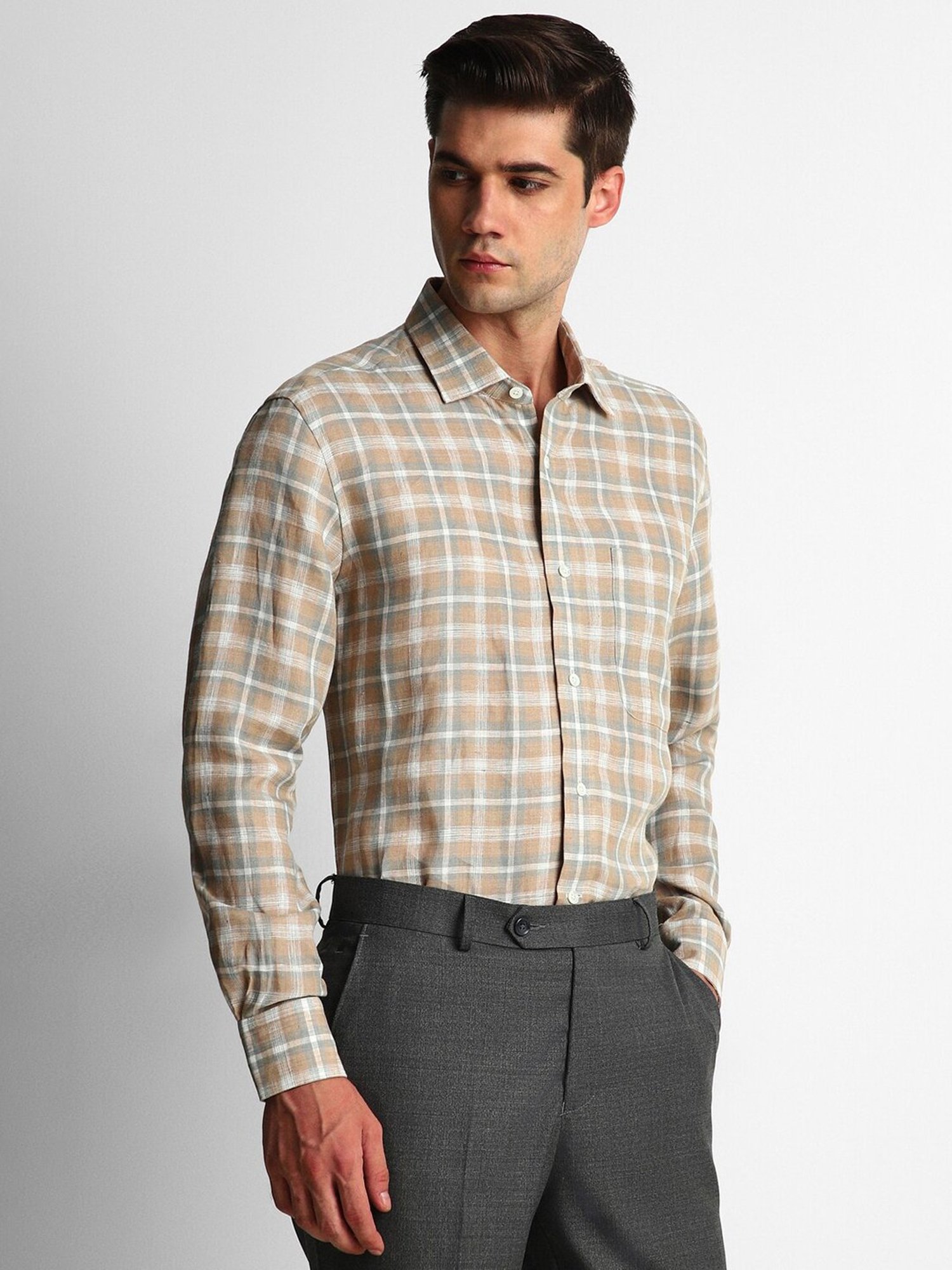 Luxure By Louis Philippe Beige Regular Fit Check Linen Shirt