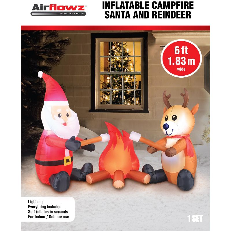 Occasions 6' Inflatable Campfire Santa and Reindeer, 4 ft Tall, Multicolored