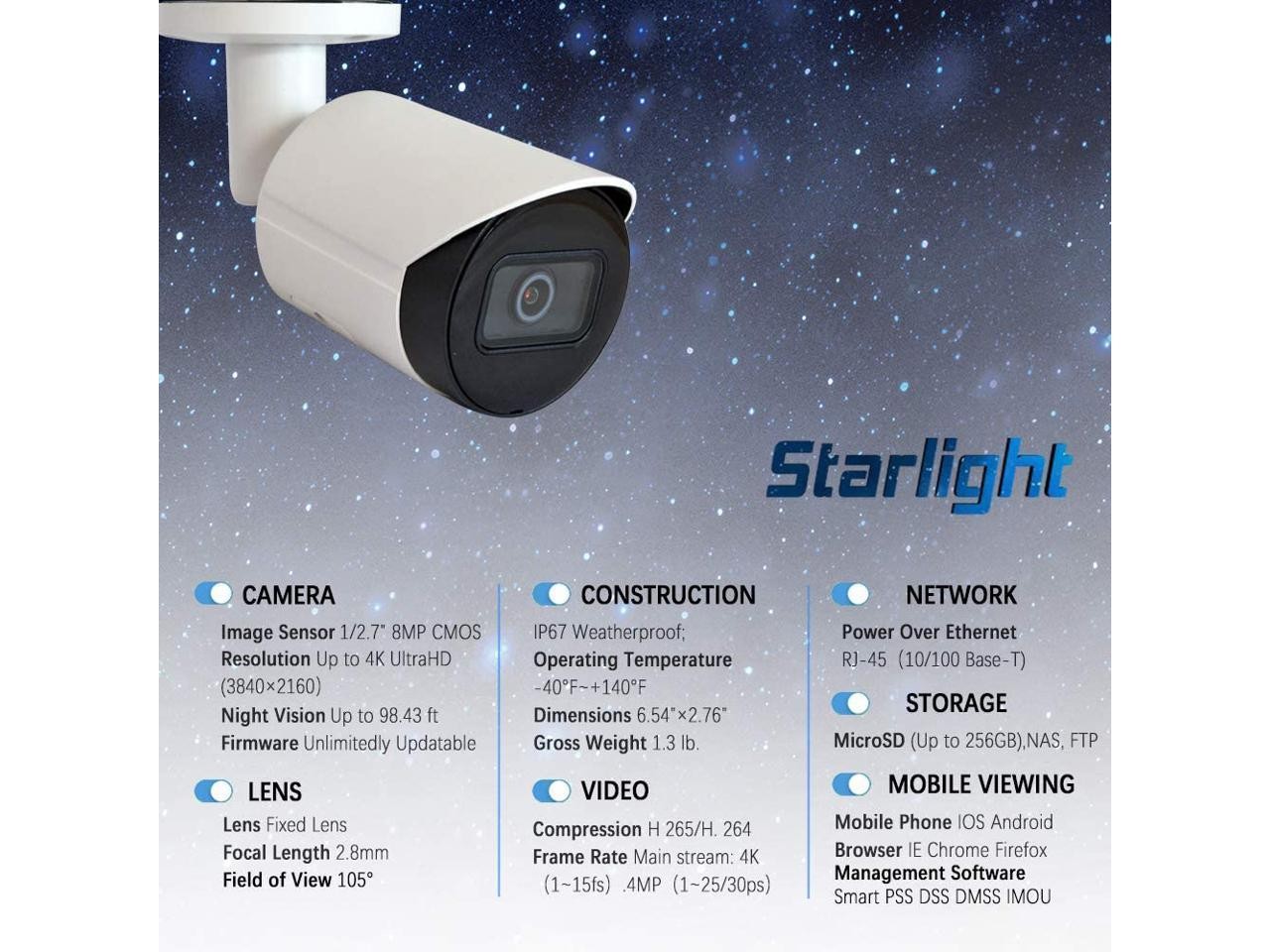 8MP PoE Security IP Camera - OEM IPC-HFW2831S-S-S2 2.8mm, Ultra HD 4K Starlight Mini Bullet Outdoor Network Camera Video Surveillance with 98ft Night Vision,SD Card Slot,H.265,IP67