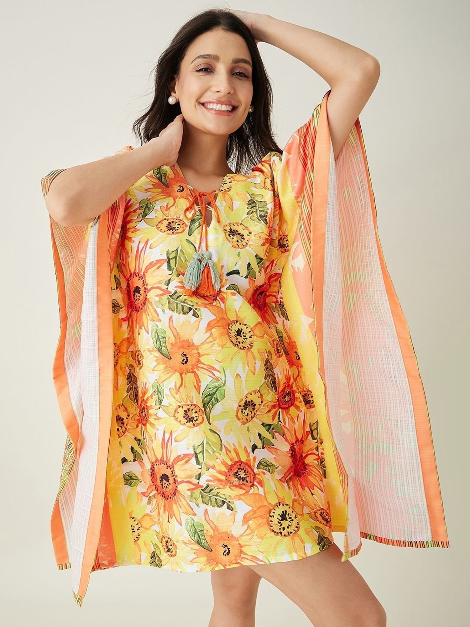 The Kaftan Company Yellow Floral Print Beachwear Kaftan