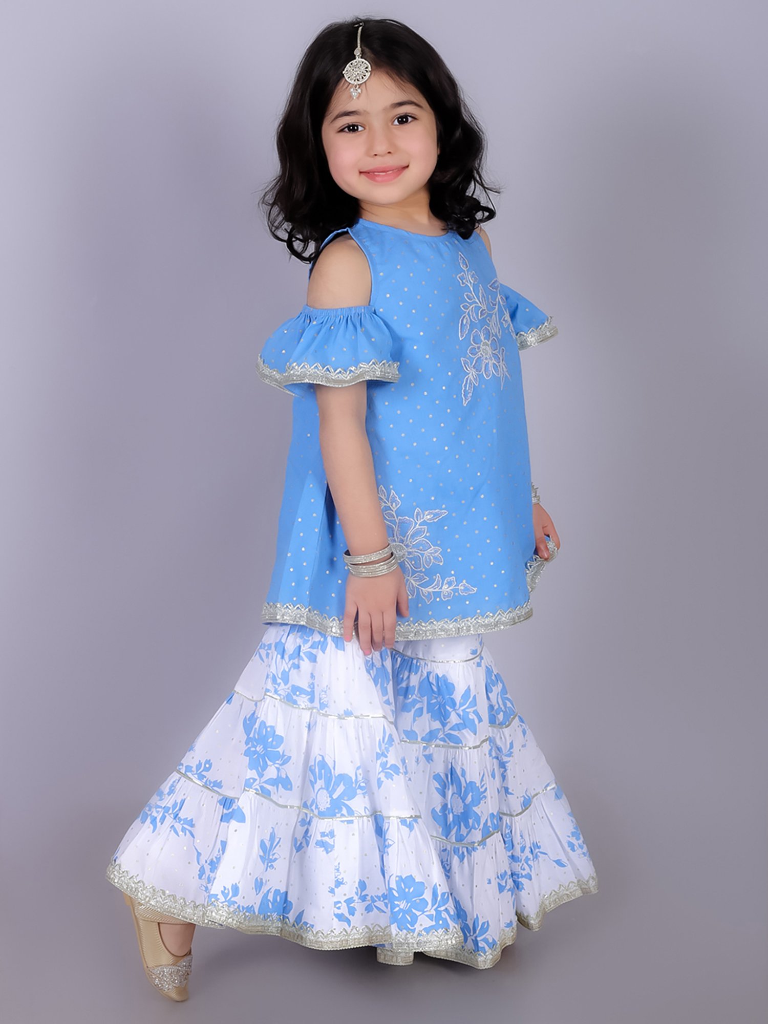 Lil Drama Kids Blue & White Embroidered Kurta with Gharara