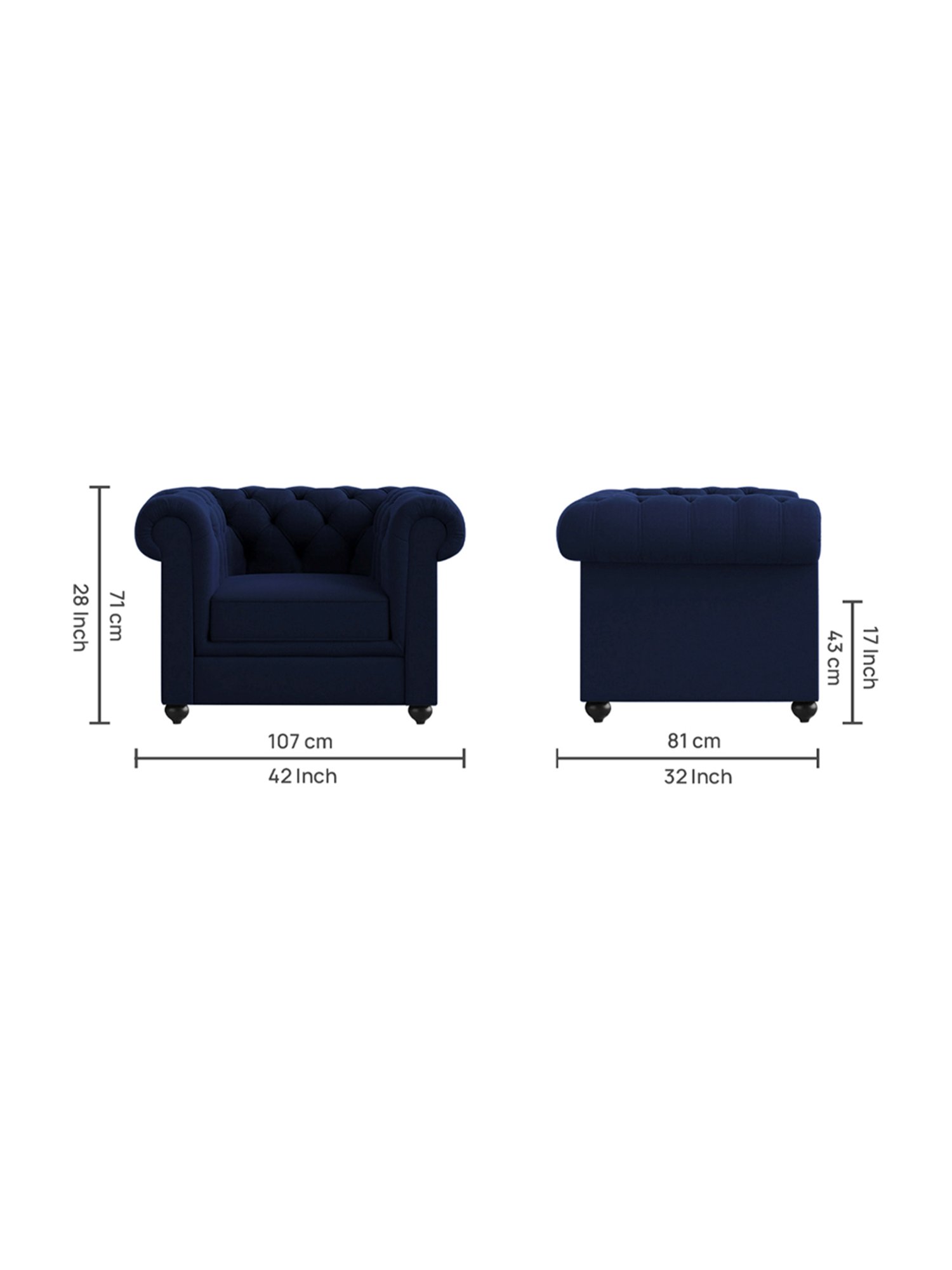 Trevi Manchester Quilted Navy Blue Velvet & Neem Wood 1 Seater Sofa