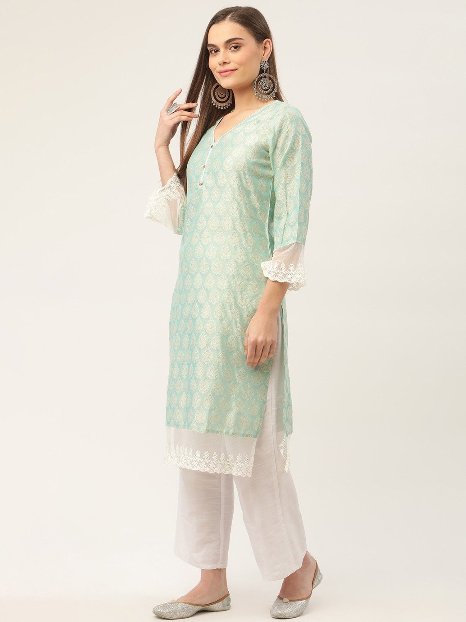 Jompers Blue & White Printed Kurta Palazzo Set With Dupatta