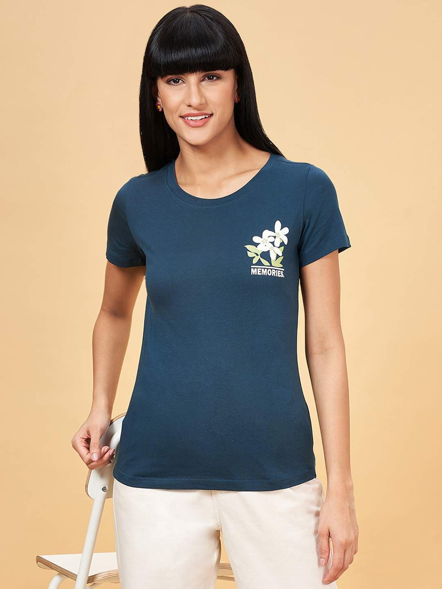 Honey by Pantaloons Blue Cotton Printed T-Shirt