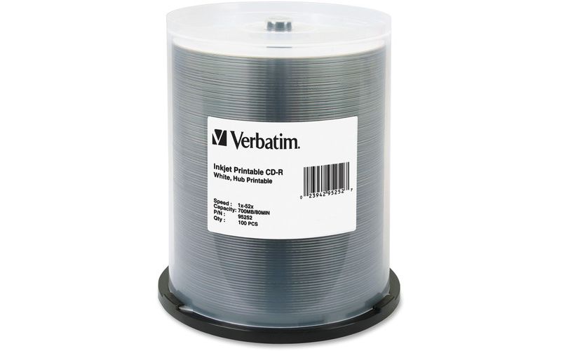 Verbatim CD-R 700MB 52X White Inkjet Printable, Hub Printable - 100pk Spindle - Printable - Inkjet Printable