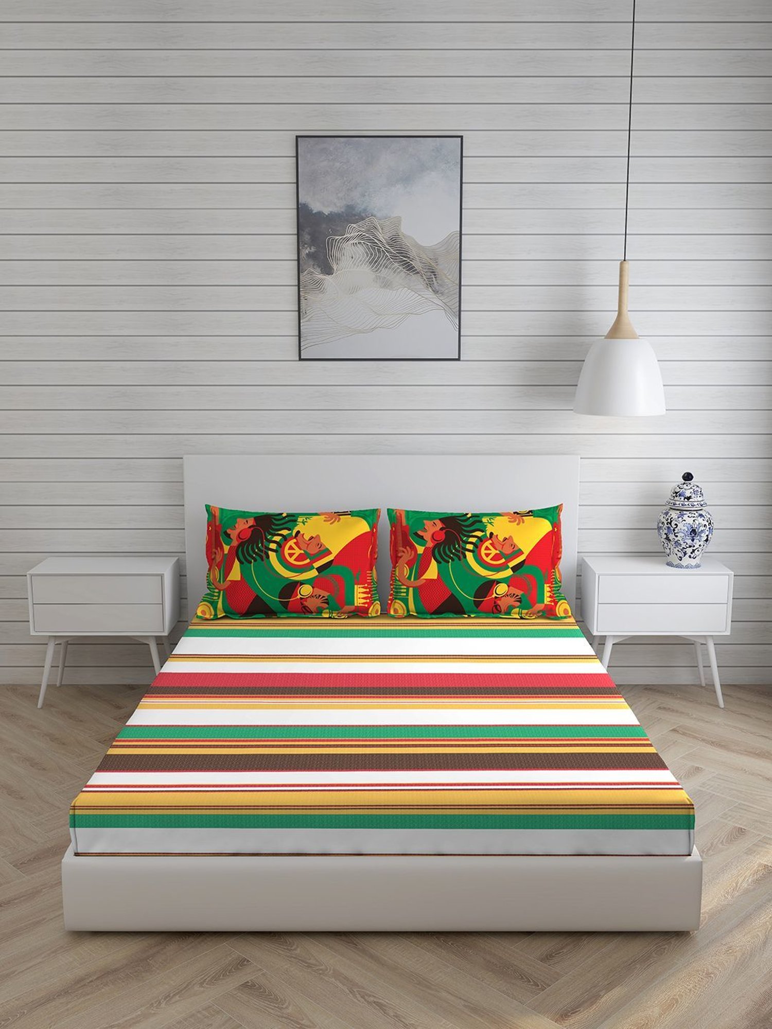 Boutique Living Rasta Rhymes Printed Multicolor 146 TC Cotton King Bed Sheet with 2 Pillow Covers