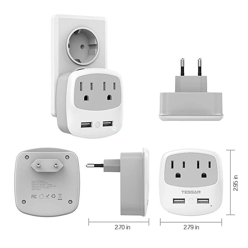 European Travel Plug Adapter  International Power Adaptor with 2 USB 2 American Outlets Europe Charger Adapter for US to EU Italy Spain France Germany Iceland Greece Israel Type C