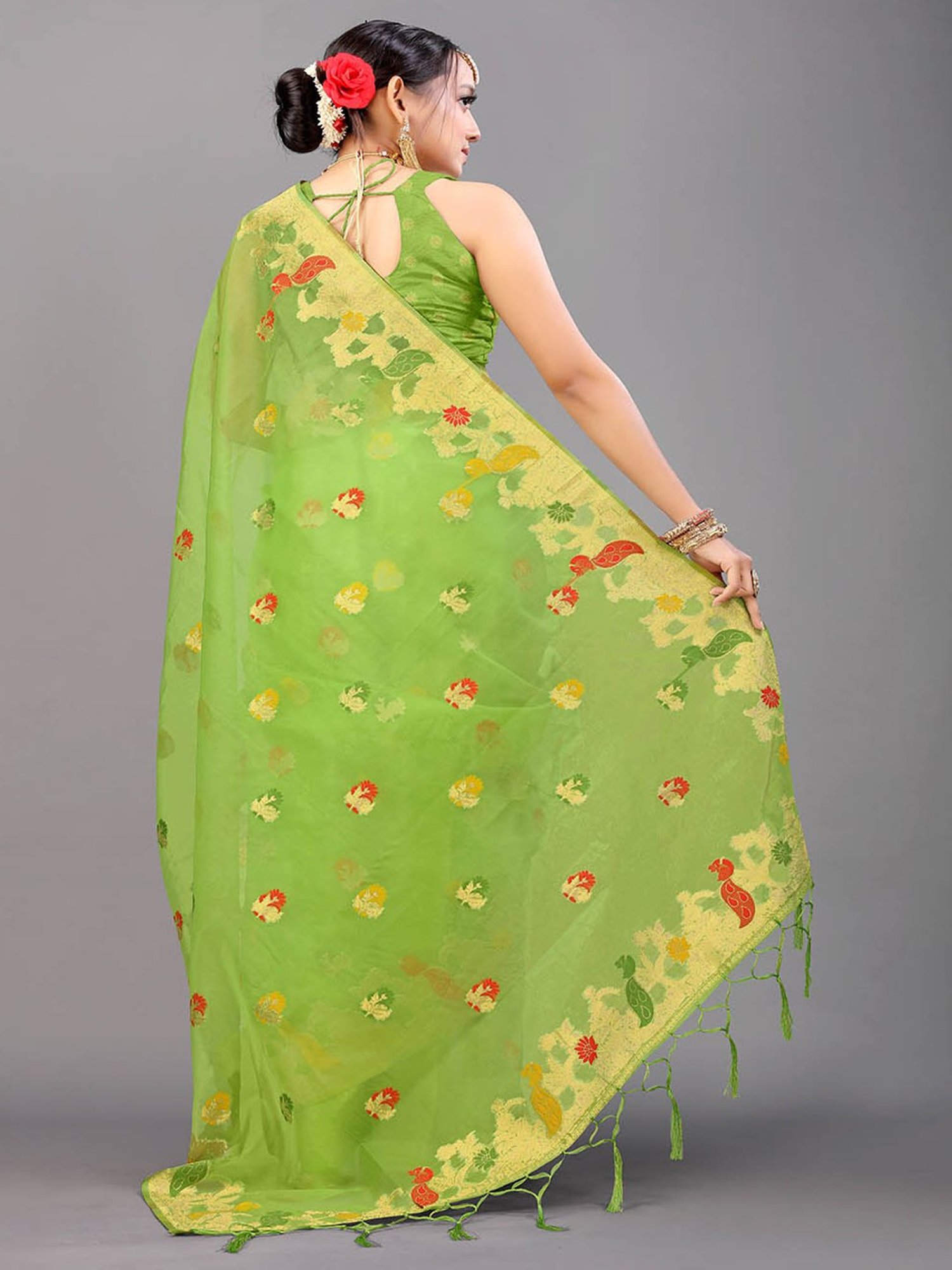 SHUBHKALA Green Silk Woven Saree With Unstitched Blouse