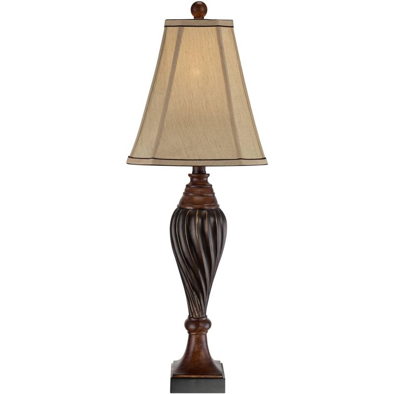 Regency Hill Traditional Table Lamp Carved Two Tone Brown Urn Shaped Beige Fabric Shade for Living Room Family Bedroom Bedside