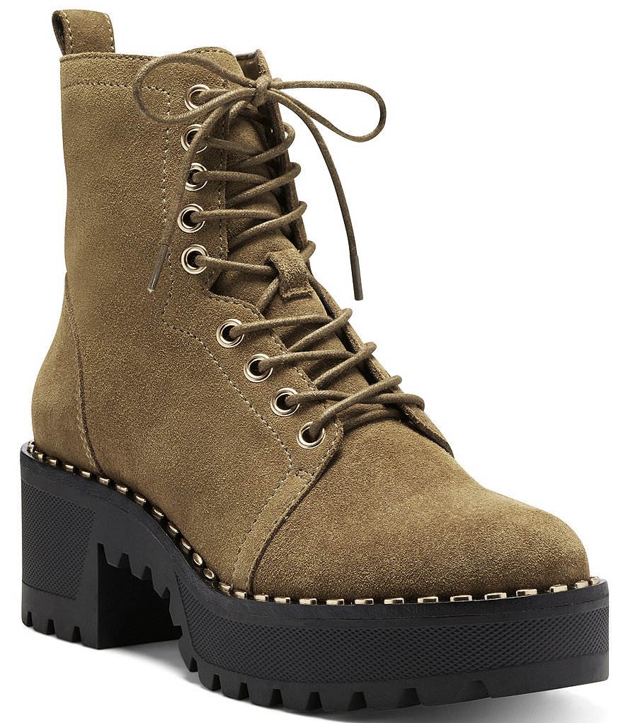 Vince Camuto Mecale Stud Trim Suede Block Heel Lug Sole Combat Booties