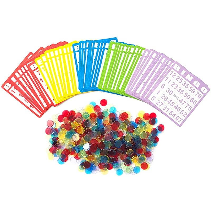 Bingo Game Set with 50 Bingo Cards and 500 Colorful Transparent Bingo Chip