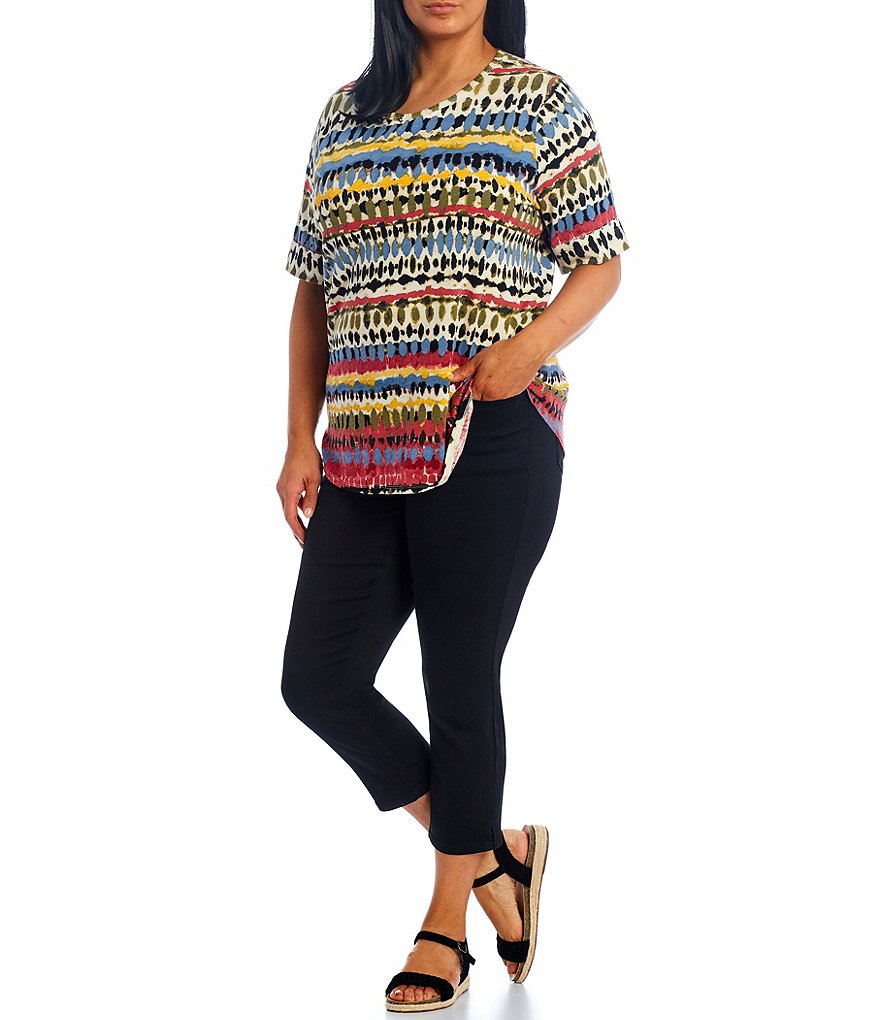 Westbound Plus Size Dot Stripe Short Sleeve Round Neck Cotton Blend Tee