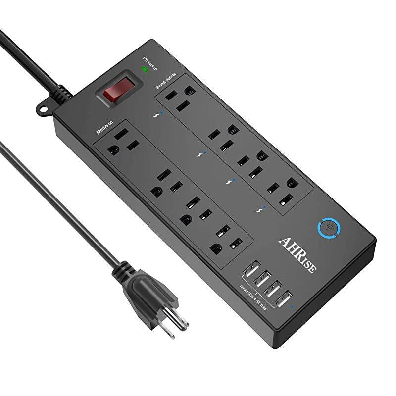Smart Plug, Power Strip,  WiFi Surge Protector(1680 Joules with 4 Smart Outlets and 4 Always on outlets and 4 USB Ports(Smart 4.8A 24W Total), 6ft Extension Cord, 1875W/15A, Black