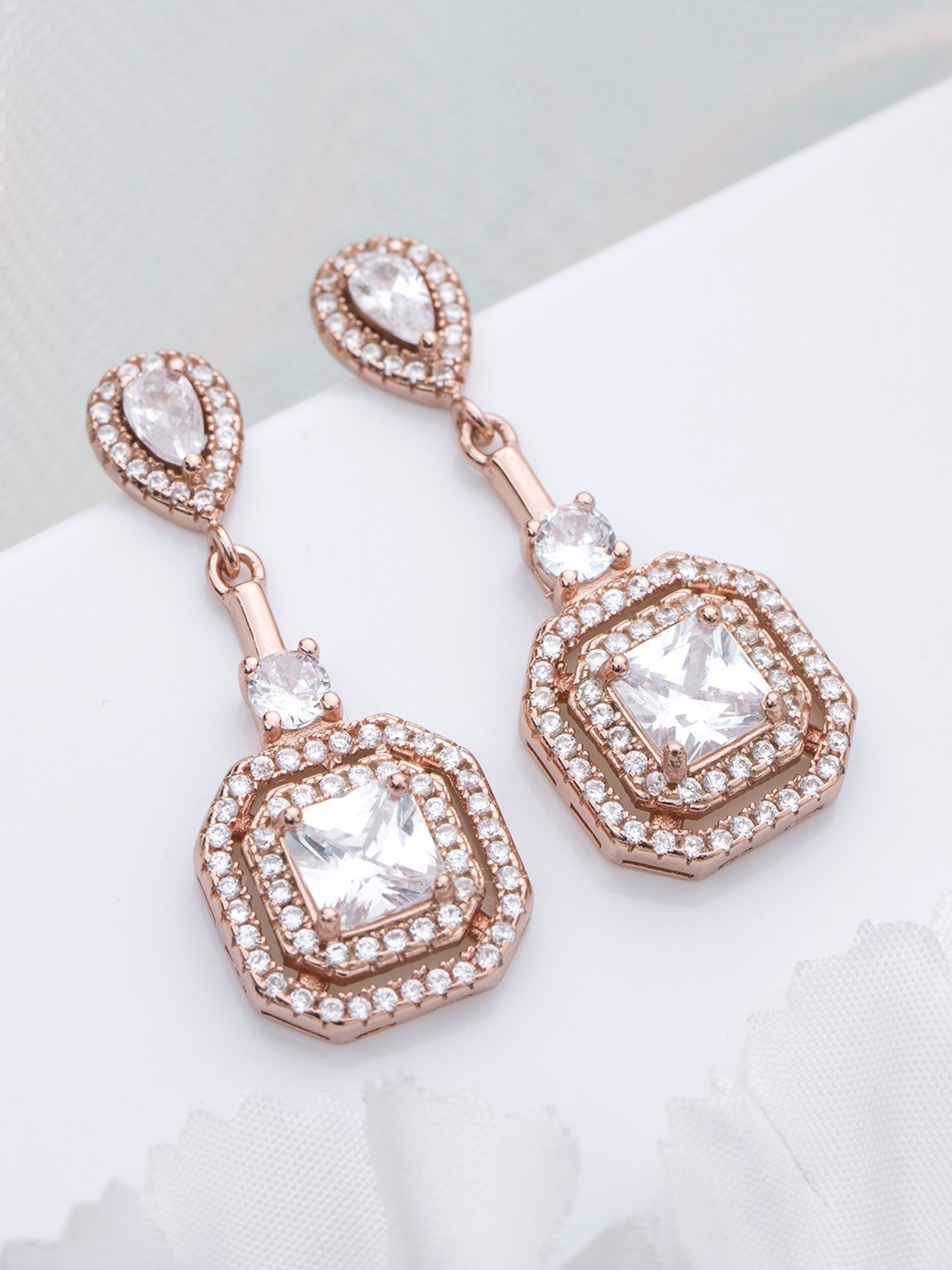 Zavya 92.5 Sterling Silver Golden Radiance Square Cubic Zirconia Drop Earrings for Women