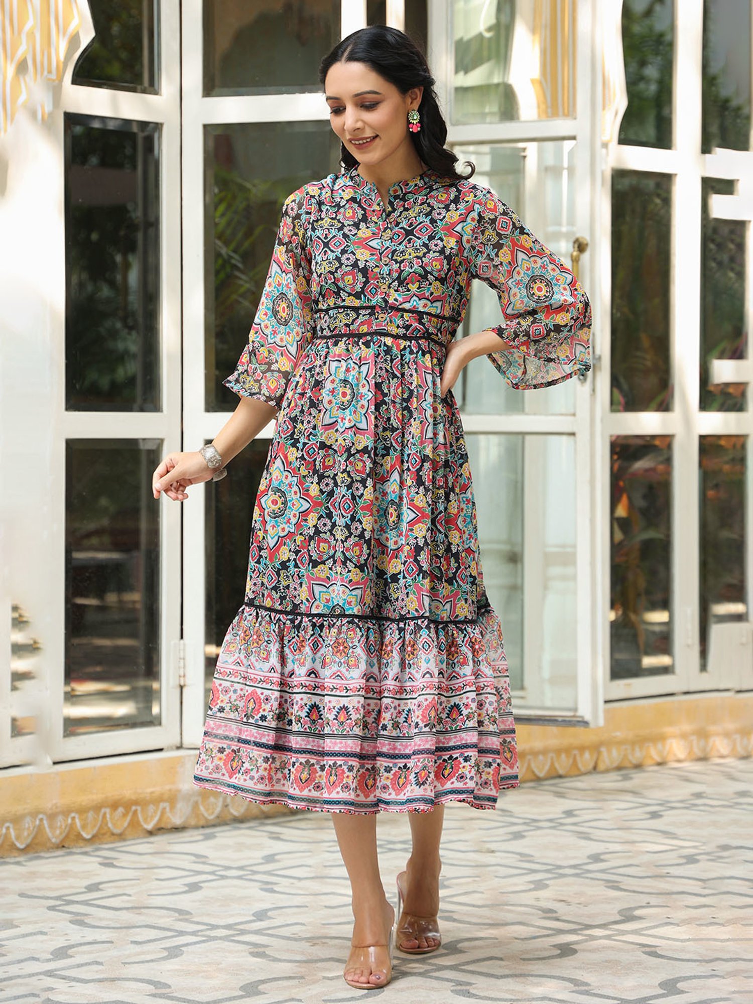 Juniper Black Geometric Printed Chiffon Tiered Maxi Dress With Buttons