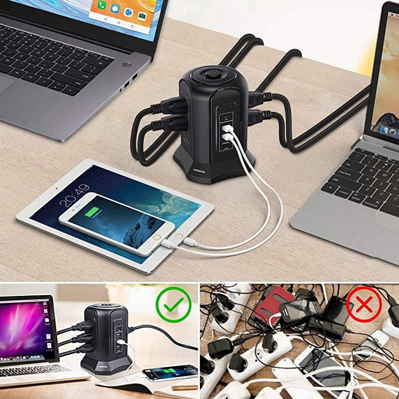 Protector Power Strip Tower 9 AC Outlet 3 USB Ports 1 USB C Ports with 10FT Extension Cord Power Strip Vertical Overload Protection, Multiple Outlets Electric Charging Station for Home Office