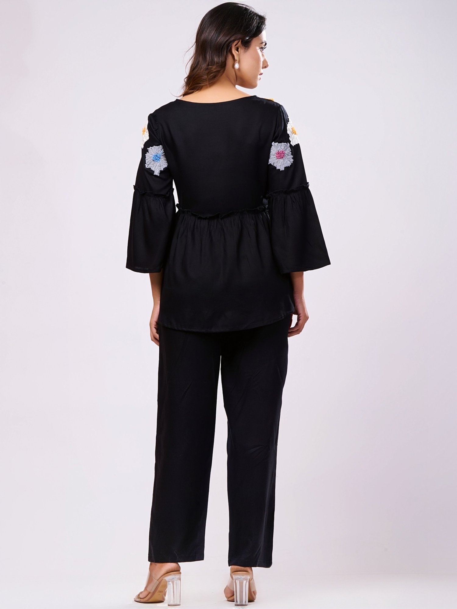 Zolo Label Black Cotton Embroidered Top Pant Set