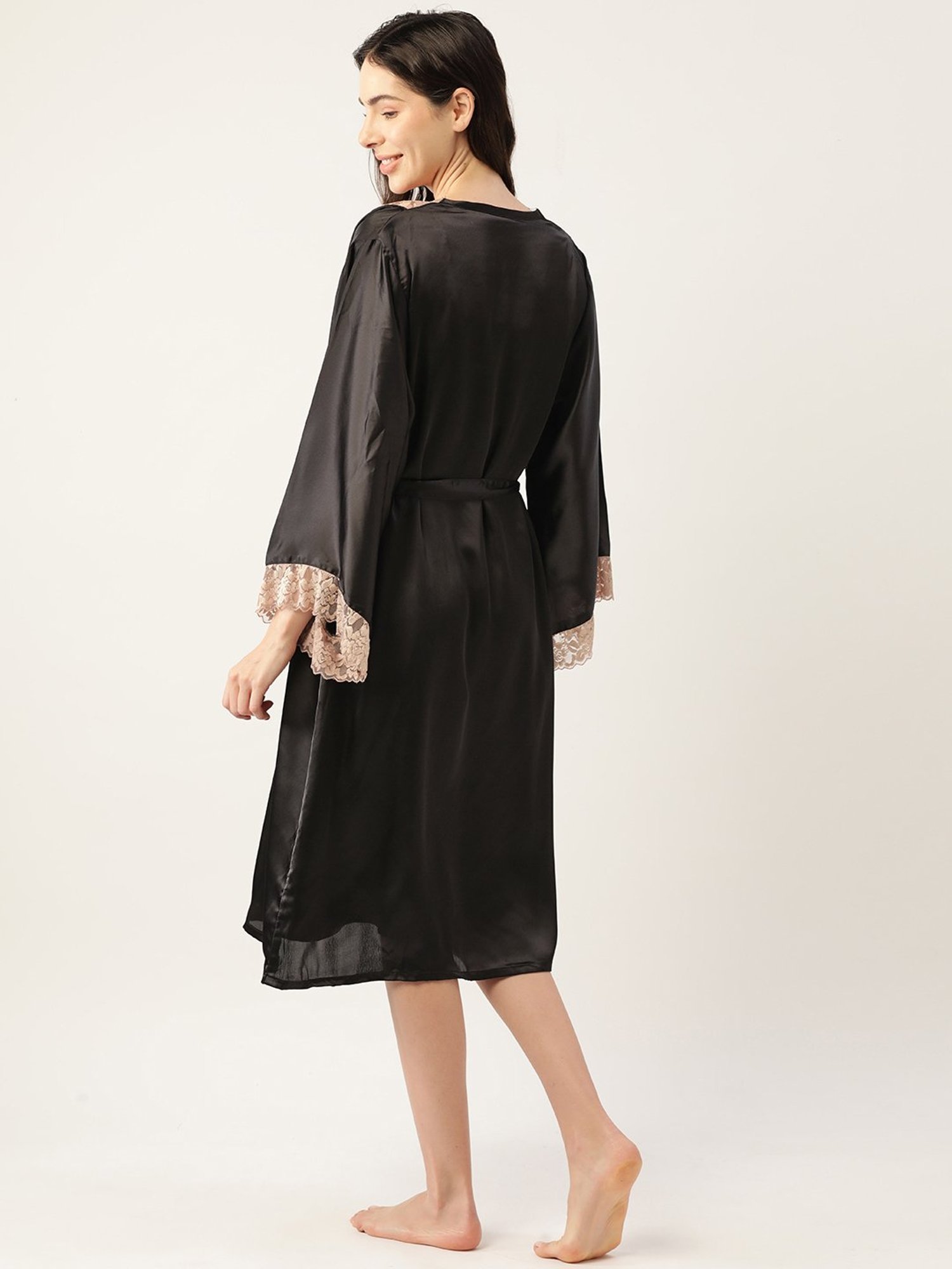 Ms.Lingies Black Lace Work Nightwear With Robe