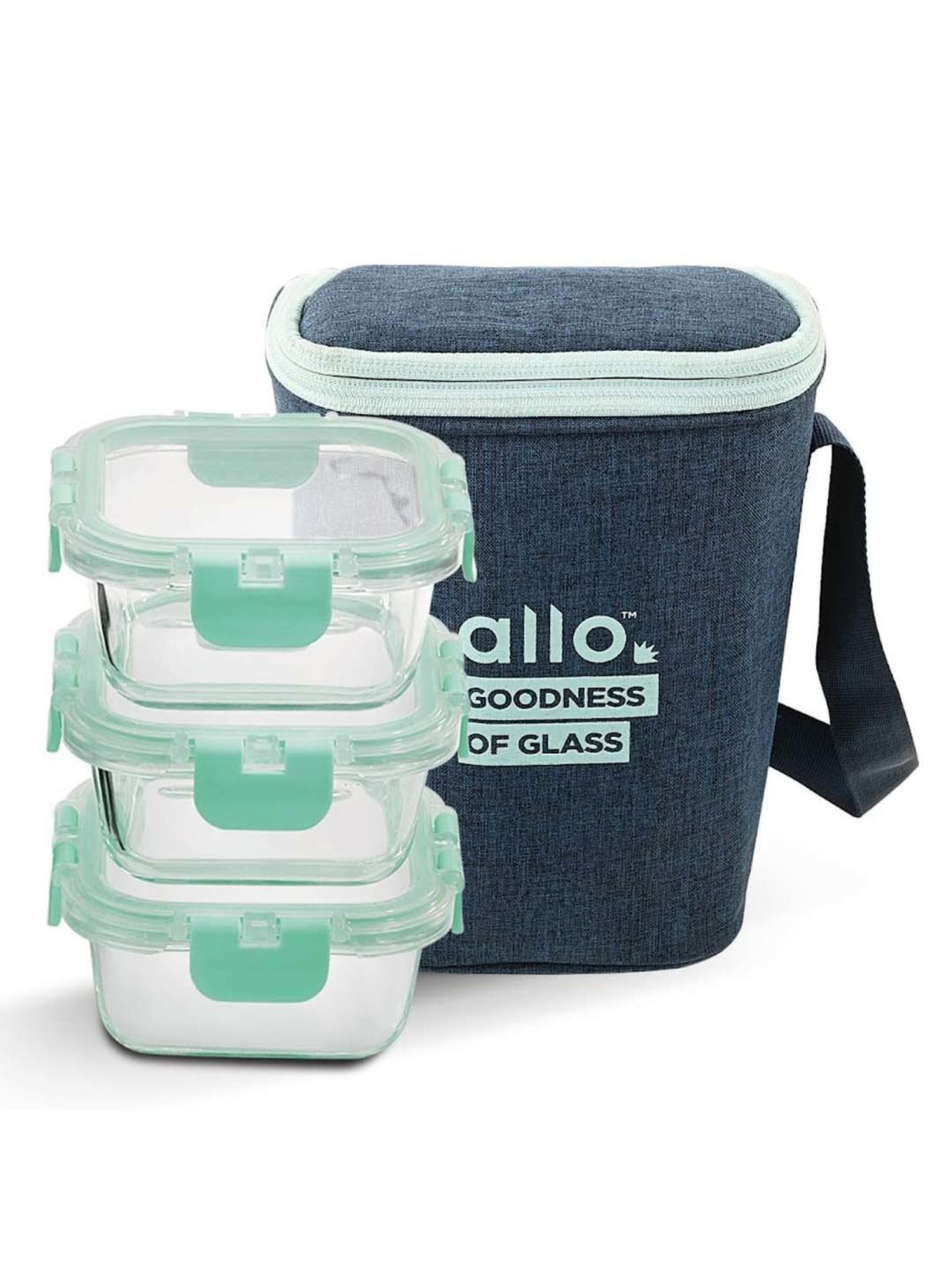 Allo Borosilicate Glass Lunch Box Microwave Oven Safe With Detachable Lock and Denim Blue Tiffin Bag