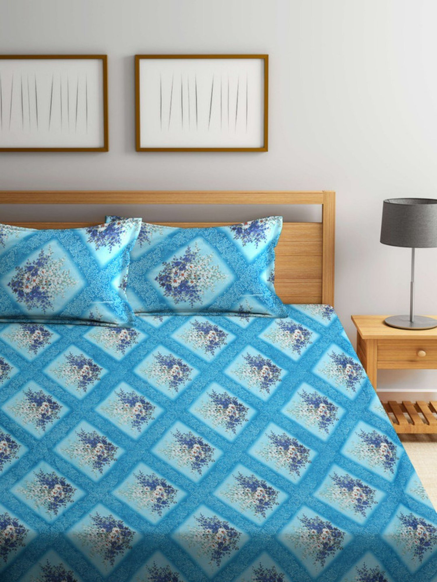 Dhrohar Printed Blue Cotton 180 TC Double Bedsheet with 2 Pillow covers