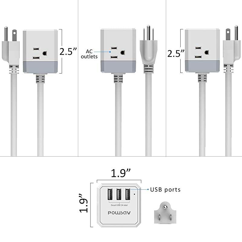 Power Strip,  Extension Cord with 3 USB Ports(Smart 3.0A Total) and 3-Outlet Extender, 5 Feet Cord, Compact Size for Cruise Ship, Home, Office,Dorm Essentials, ETL Listed
