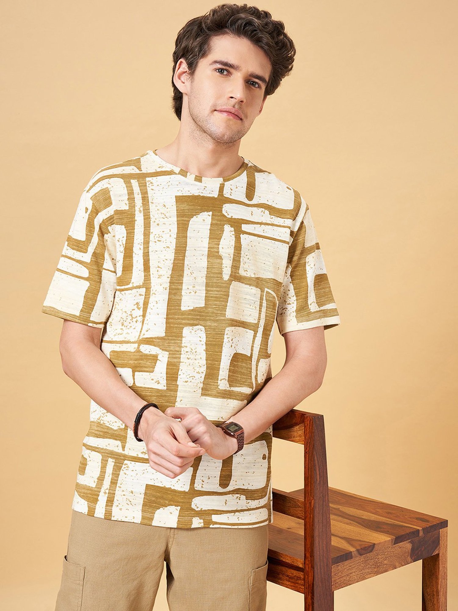 7 Alt by Pantaloons Mustard Relaxed Fit Printed Crew T-Shirt