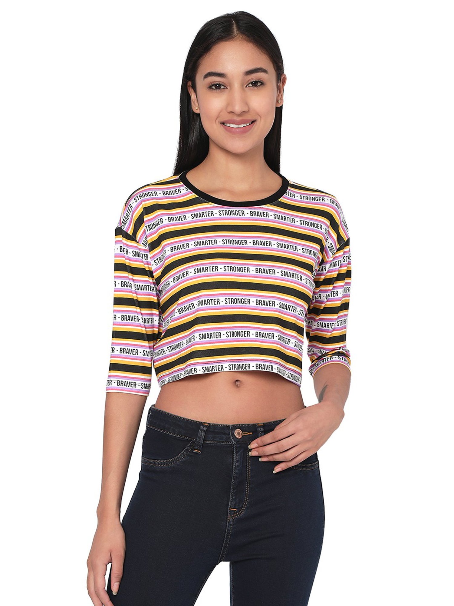 Spykar Yellow & Black Striped Crop Top