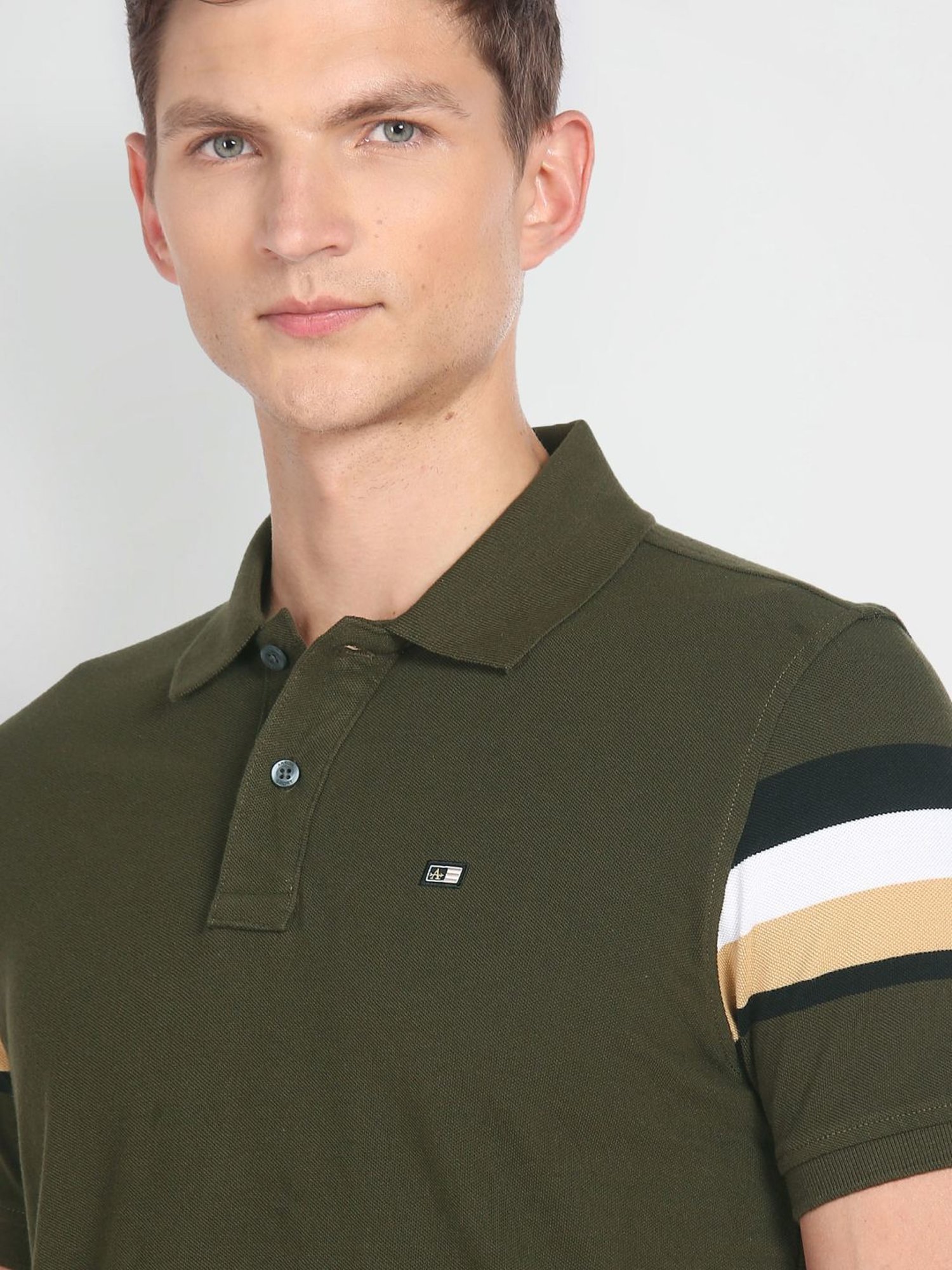 Arrow Sport Olive Cotton Regular Fit Striped Polo T-Shirt