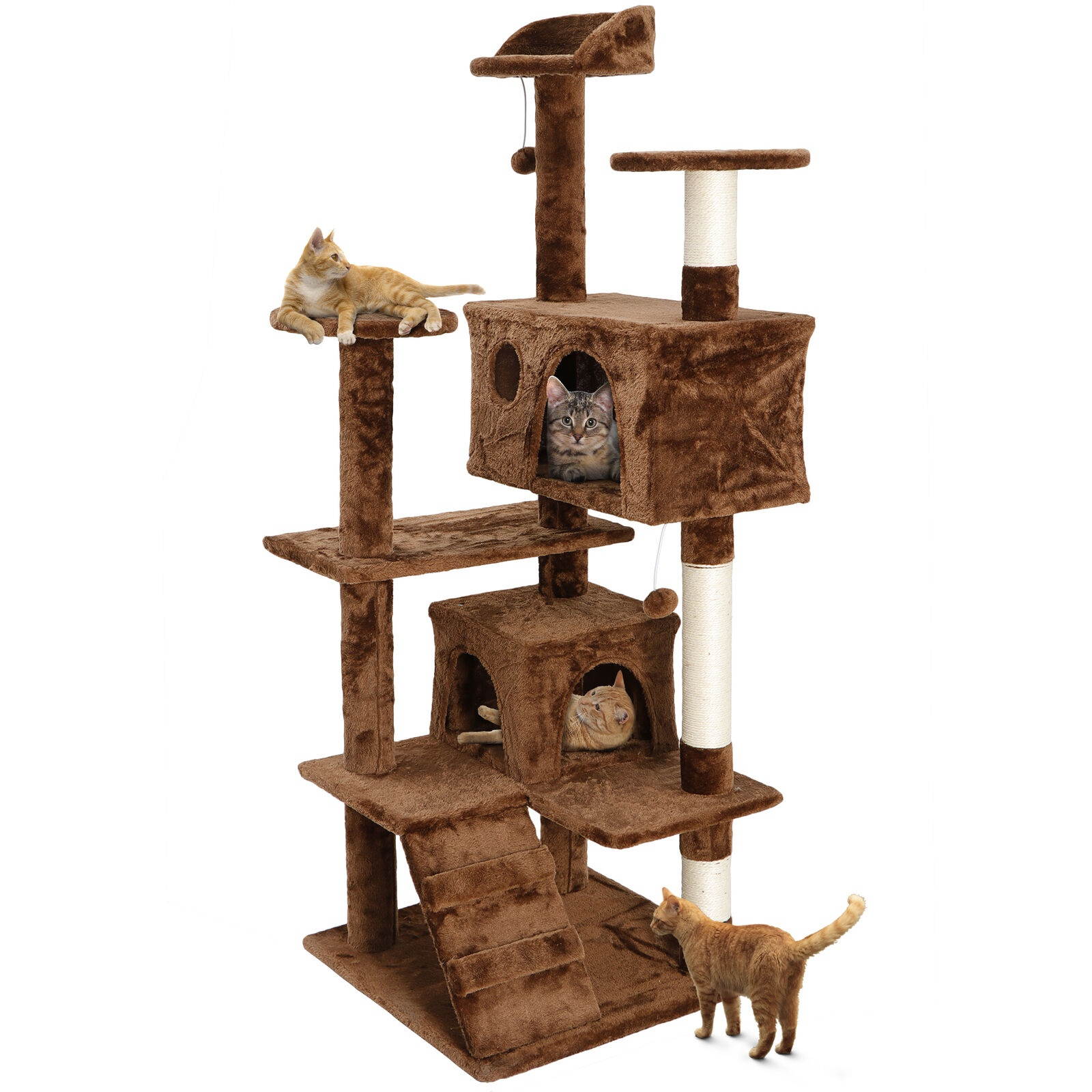 53" Brown Large Cat Tree Activity Scatch Tower Play House Plush Perch w/Ladders