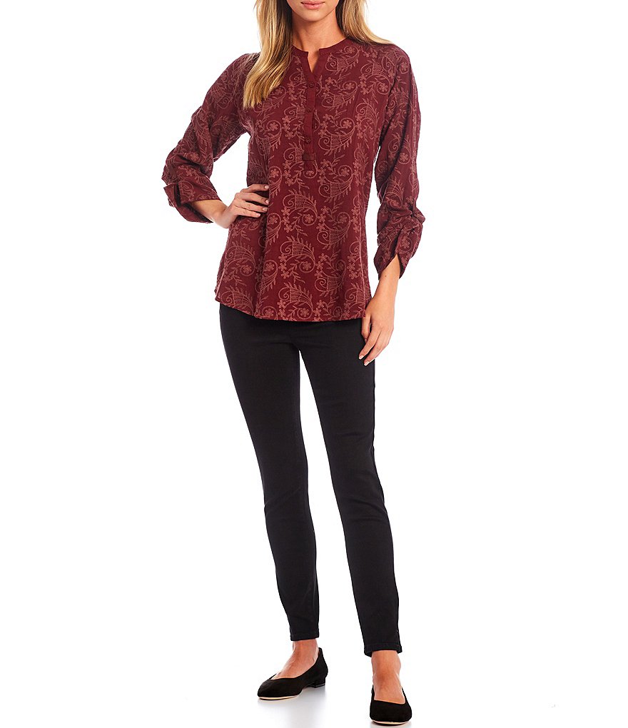 Tru Luxe Jeans Long Roll Tab Sleeve Tonal Embroidered Henley Tunic