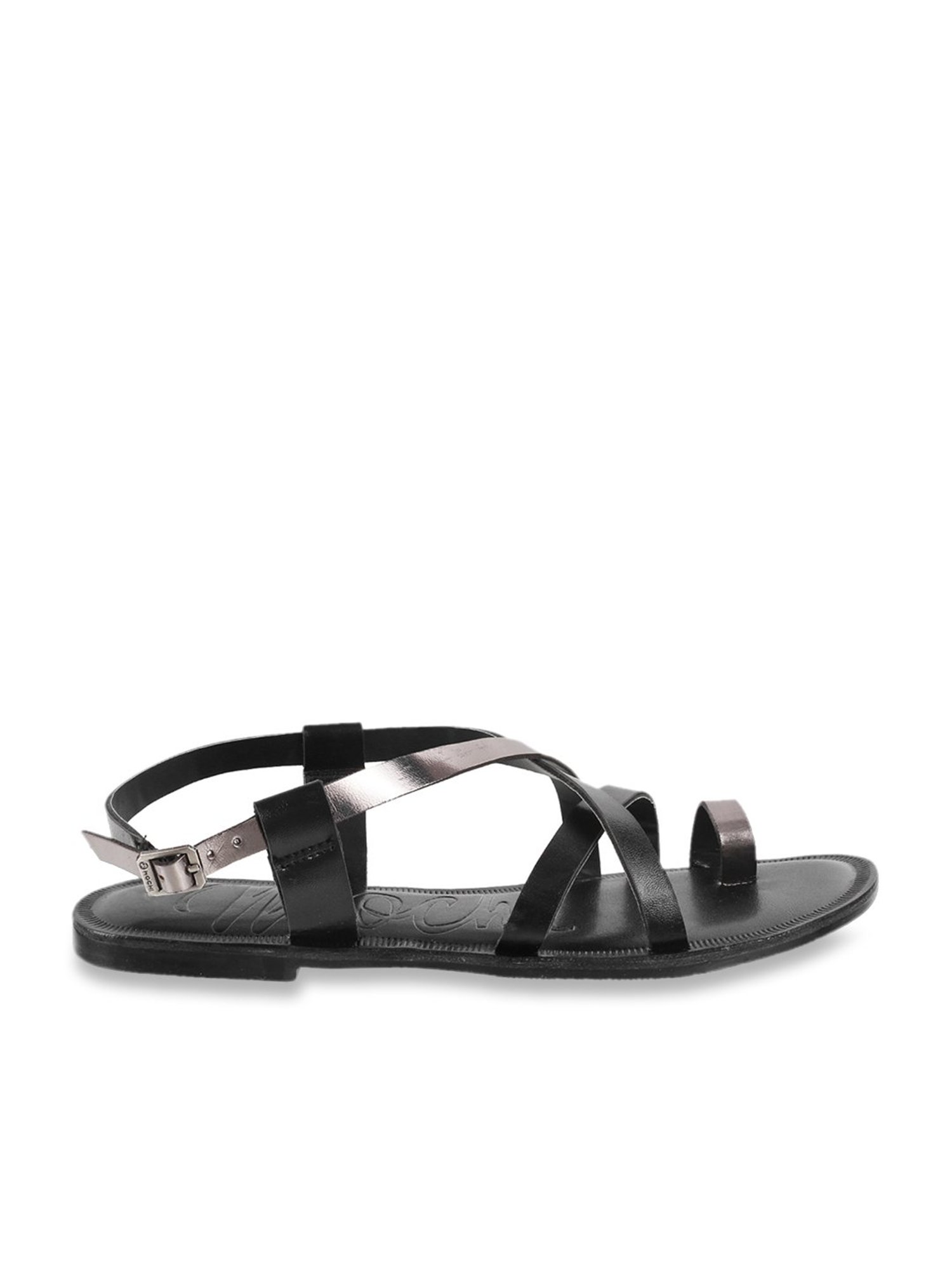 Mochi Women's Black & Gun Metal Toe Ring Sandals